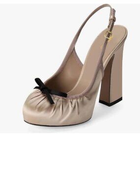 XYD Tan Bowknot Round Toe Platform Slingbacks Block Heel Sandals Nightclub Pumps